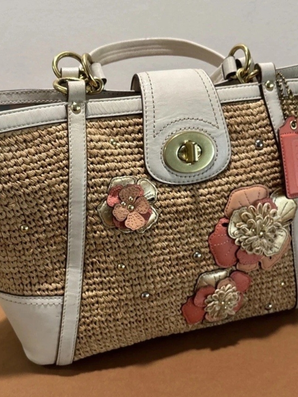 Coach Hamptons Woven Straw Tote White Trim and Pink Coral Floral Accents  Wallet